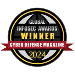Circular black and yellow Global InfoSec Awards Winner logo for 2024 with a red ribbon that reads 'Cyber Defense Magazine'