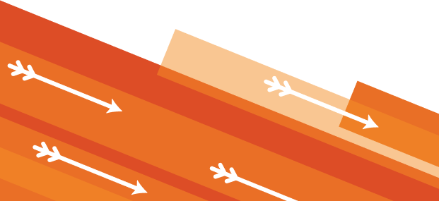 Overlapping orange stripes with white arrows shooting diagonally upward