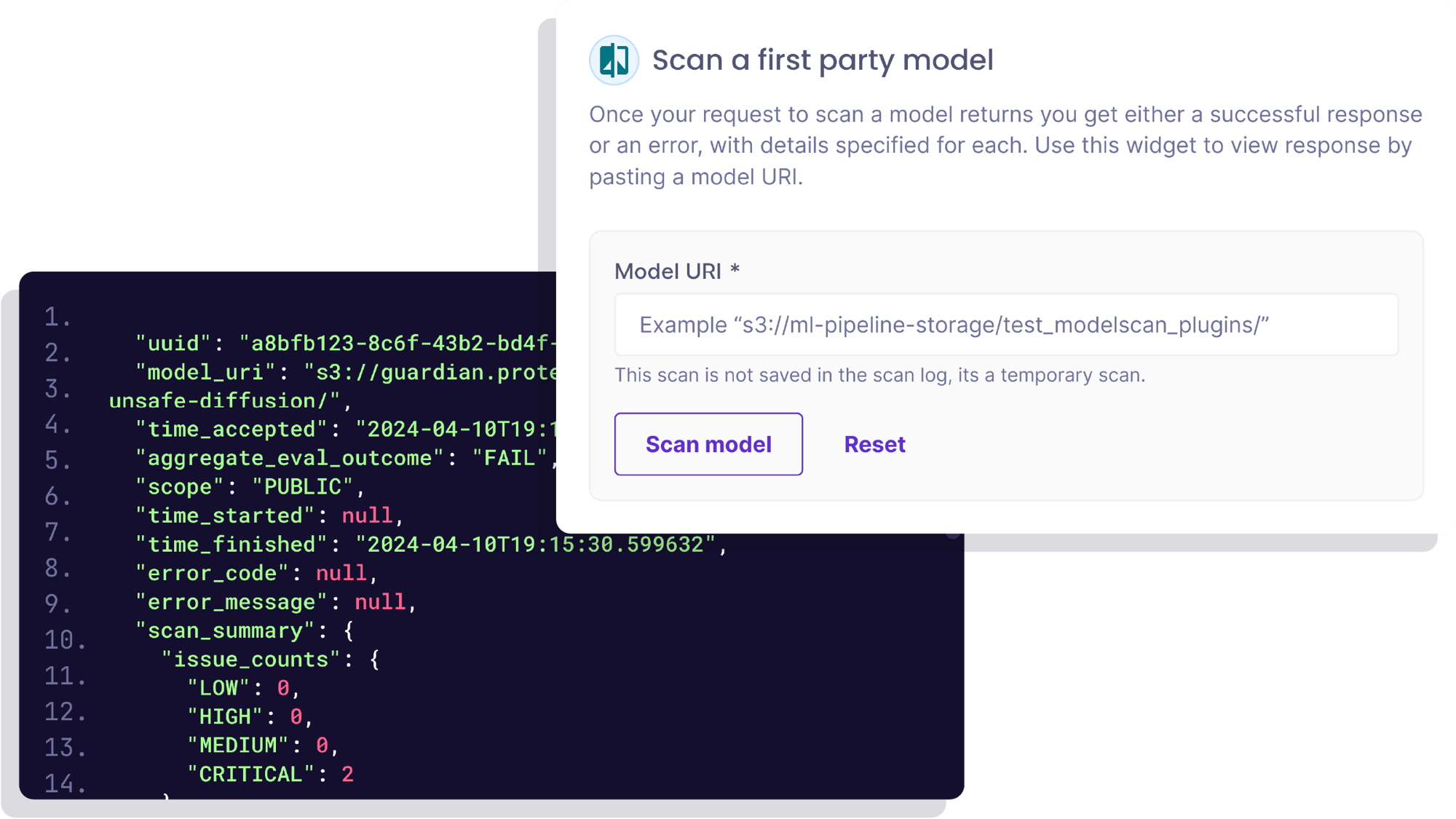 Two overlapping screenshots of a block of code and a prompt to scan a first party model